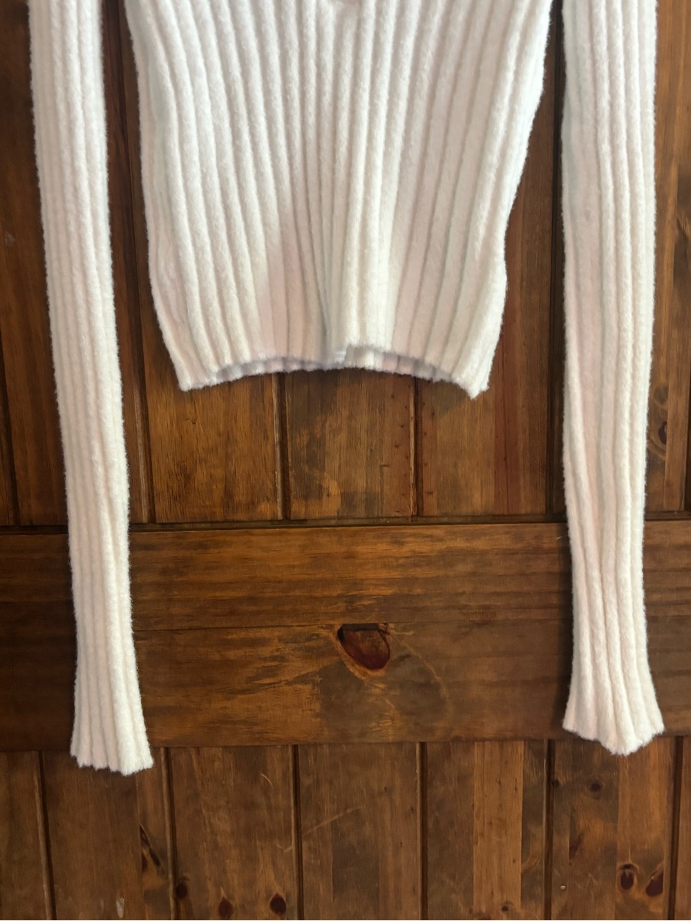 American Eagle White Ribbed Fuzzy Cropped Polo Sweater Long Sleeve Womens Small - Picture 7 of 9